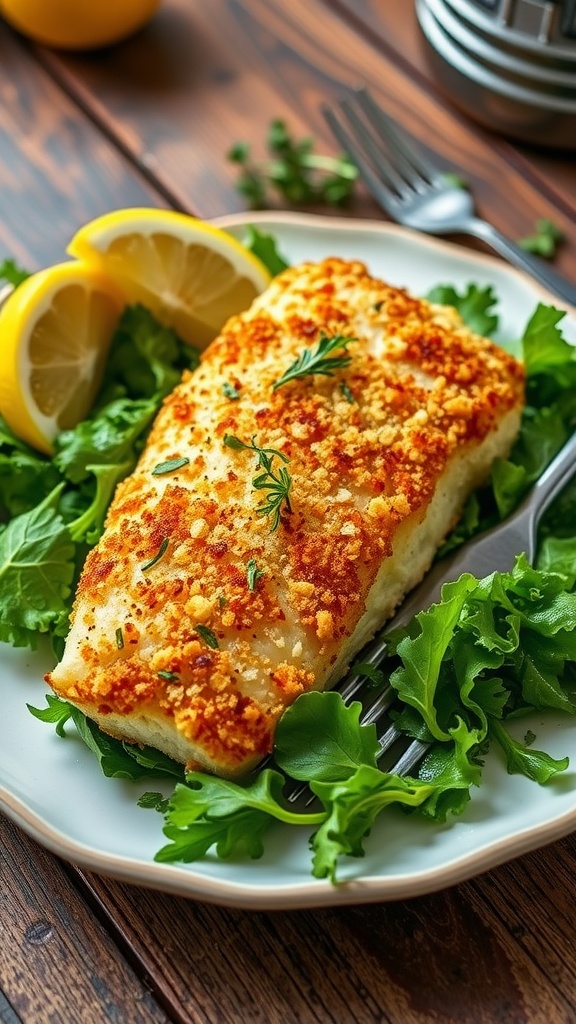 Crispy panko-crusted baked cod fillet on a plate with lemon wedges and greens.